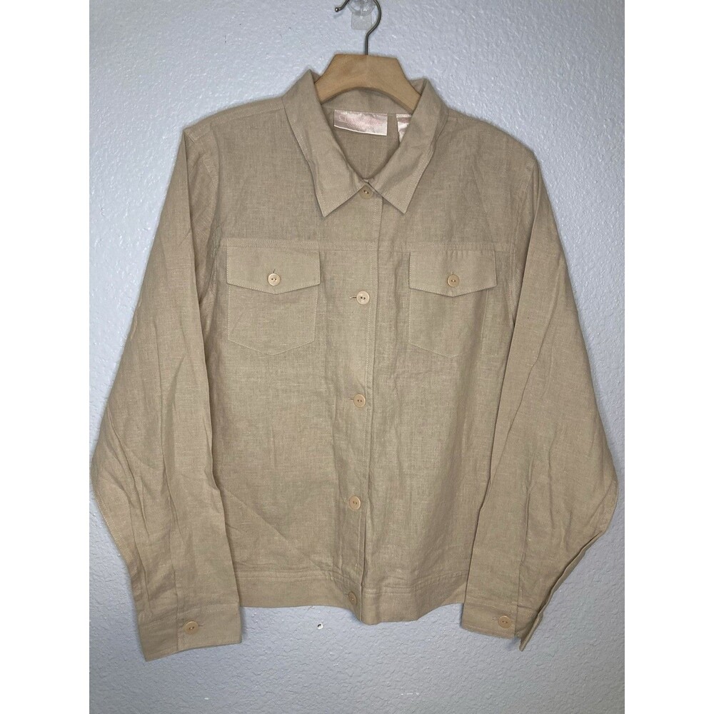 VTG Linen Blend Shirt Womens XL Beige Tan Button Academia Minimal Classic Blues